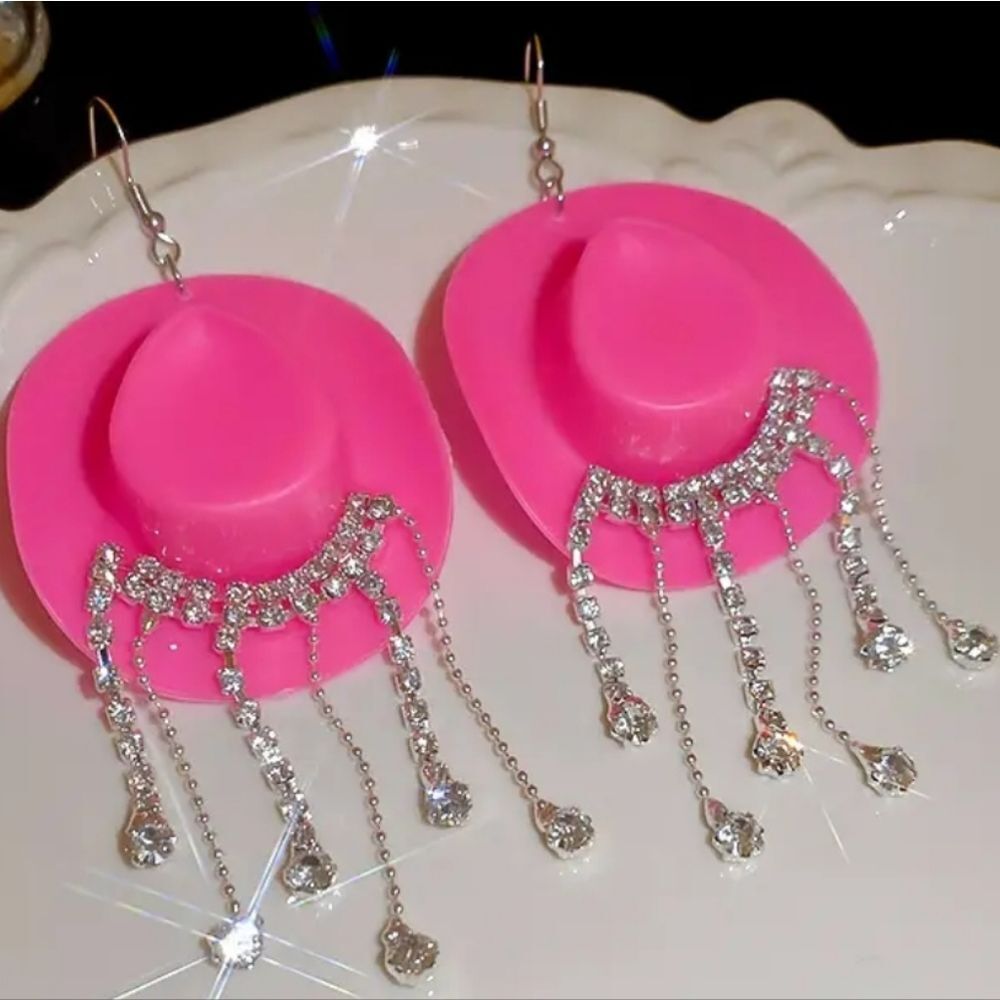 Hand Crafted Pink and Silver Chandelier Cowboy Hat Earrings with Crystal Drops
